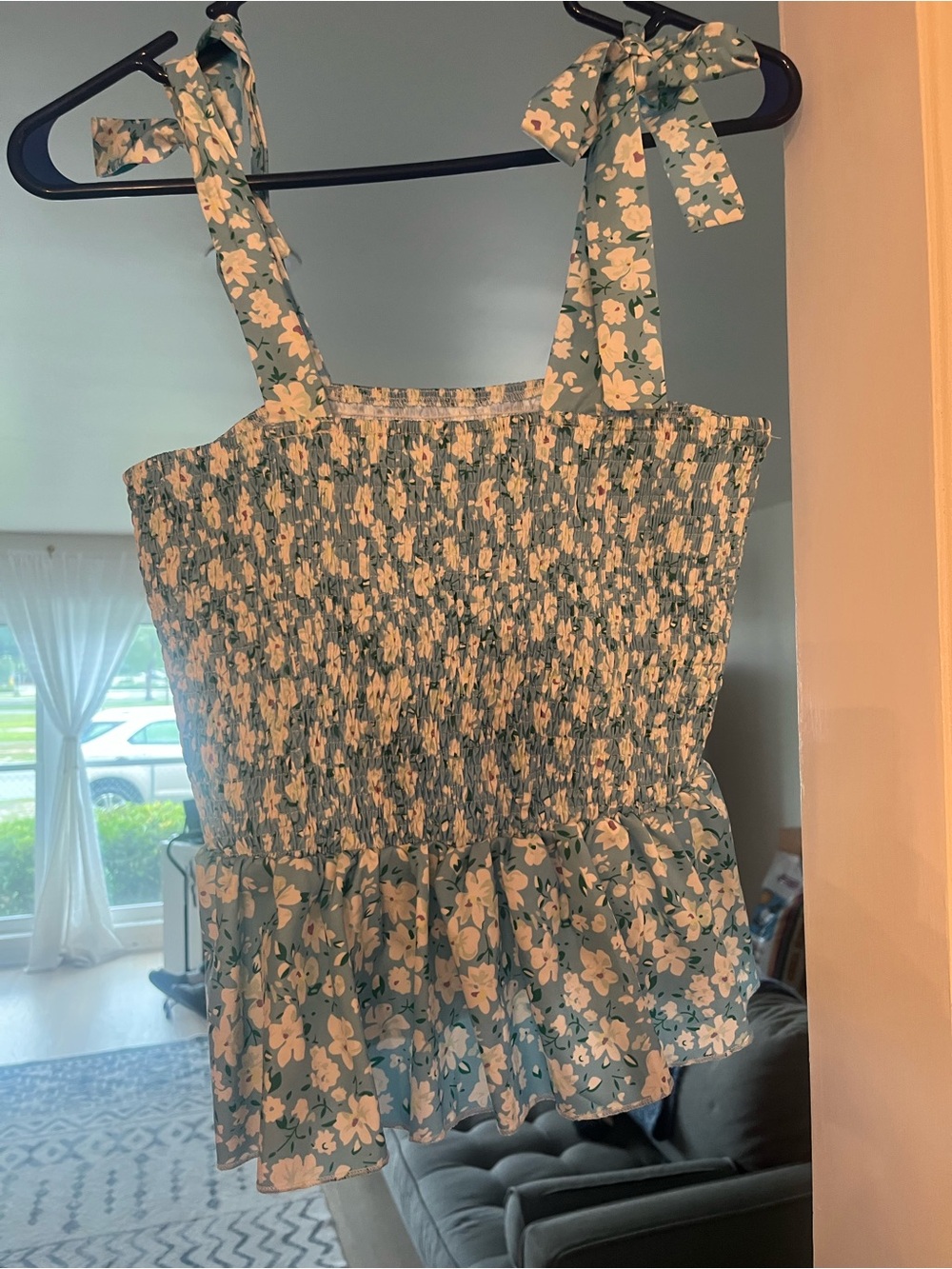 Smocked Floral Tie-Shoulder Tank Top - Green